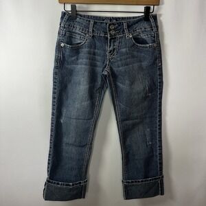 Y2K Angels Pants Women Sz 5 Low Rise Capris Cuffed Crop Jeans Embroidered Pocket
